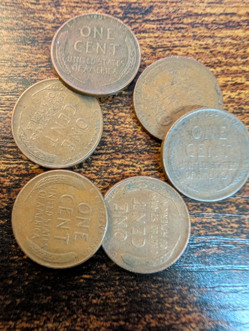 Six mixed date wheat cents