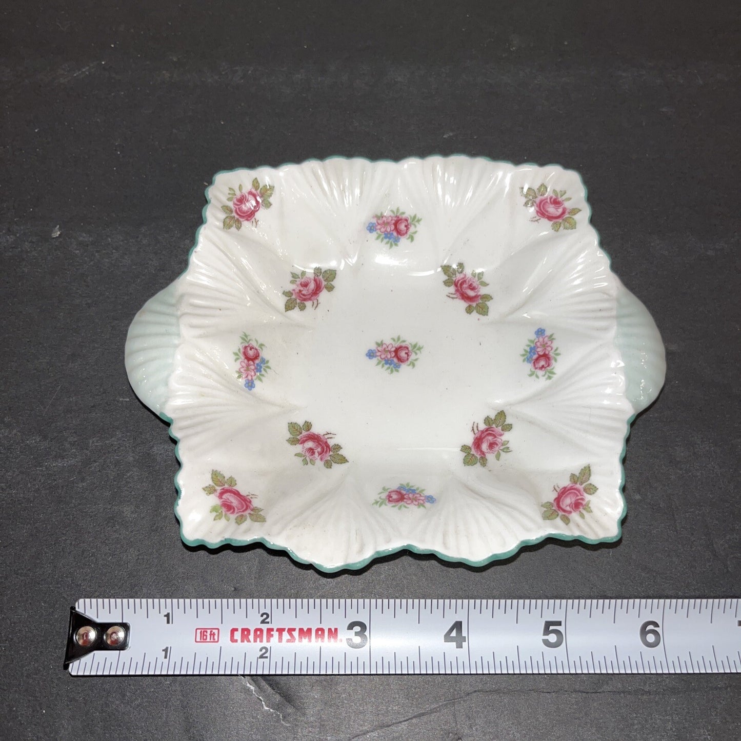 Shelley England Pink/sage Green Floral Bone China Trinket Dish or Pin Tray