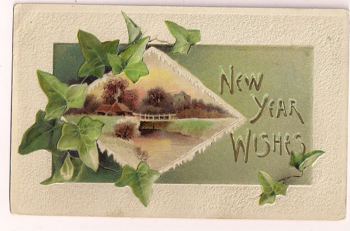 New Year Wishes with Ivy and Scenic Inset Series 2548 Postcard