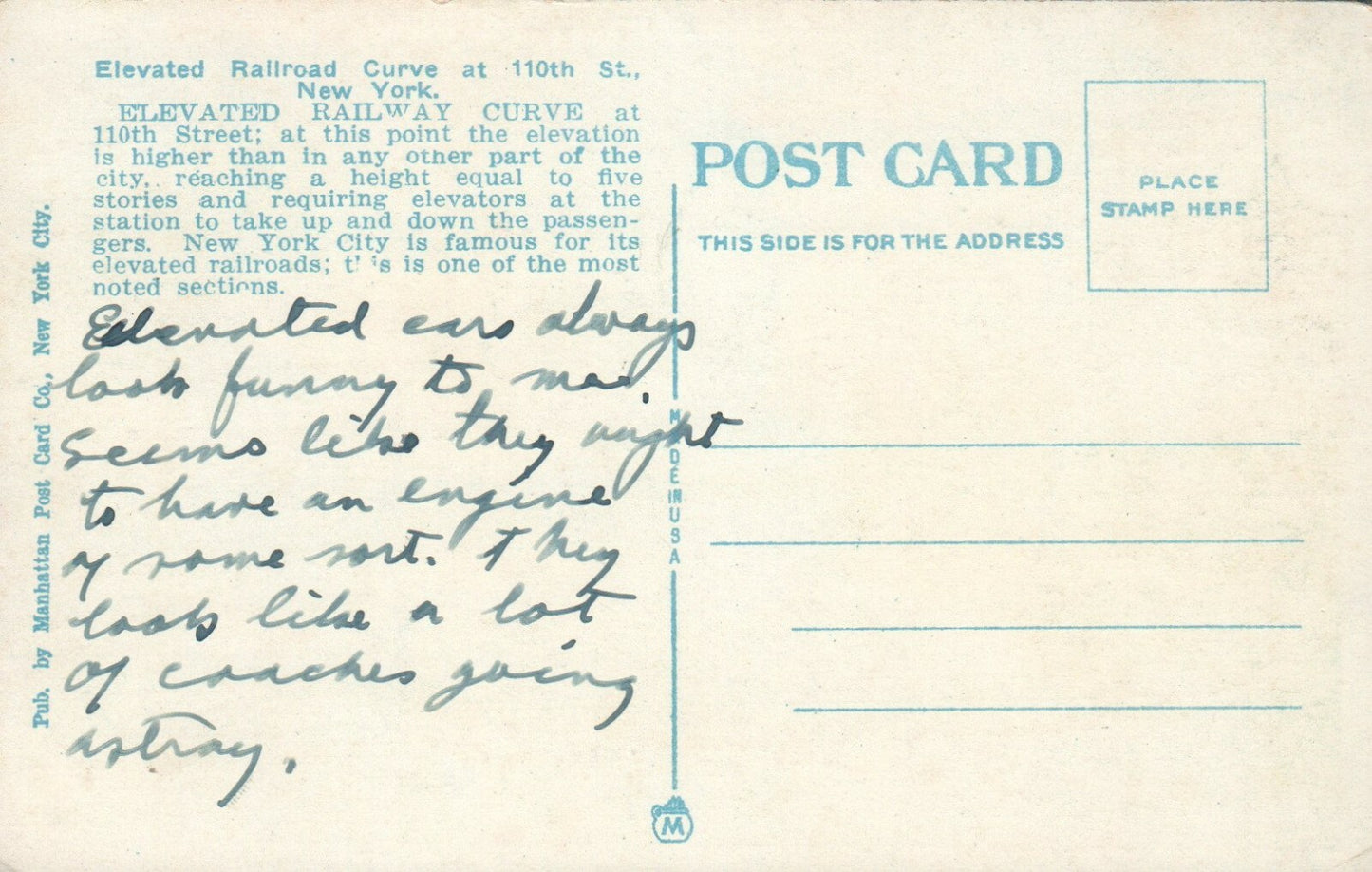 Elevated Railroad Curve 110th Street New York NY Railway Rail Road RR Postcard