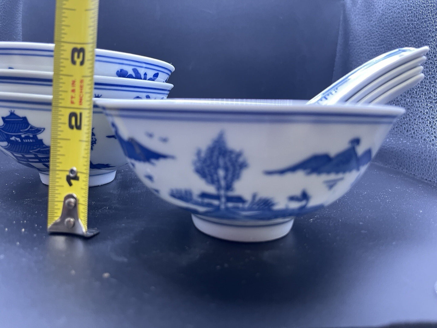 8 PC Chinese Blue White Porcelain Rice Pattern Soup Bowl Matching Spoon