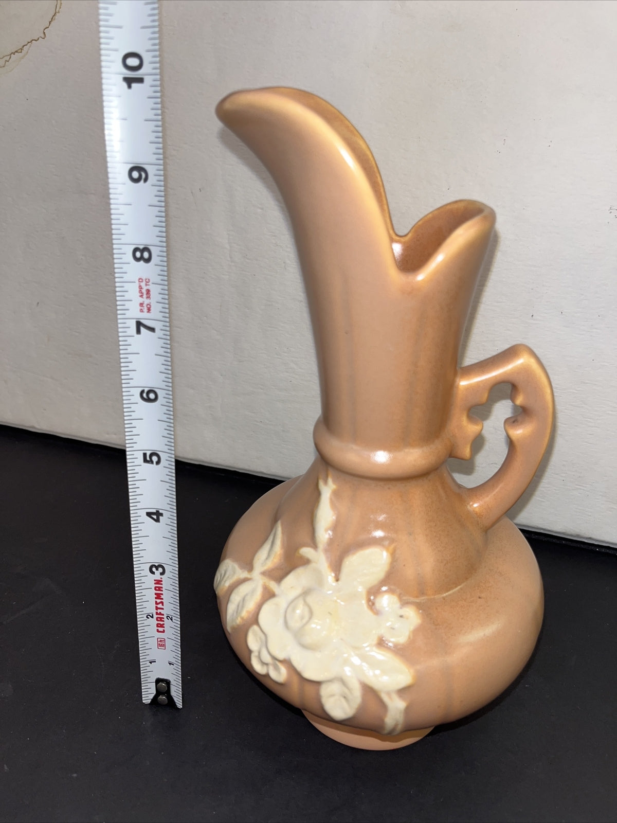 Weller Pottery Art Deco Peach Pitcher/Vase, White Rose Pattern w/handle 1930's