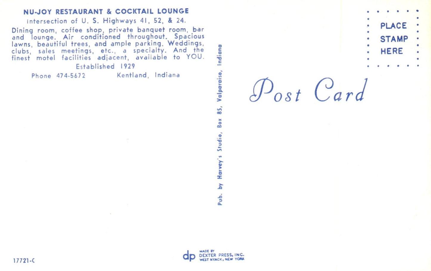 Nu-Joy Restaurant & Cocktail Lounge in Kentland Indiana IN Vintage Postcard