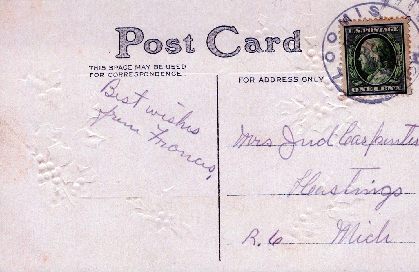 Embossed Gold Metallic Holly Christmas Postcard