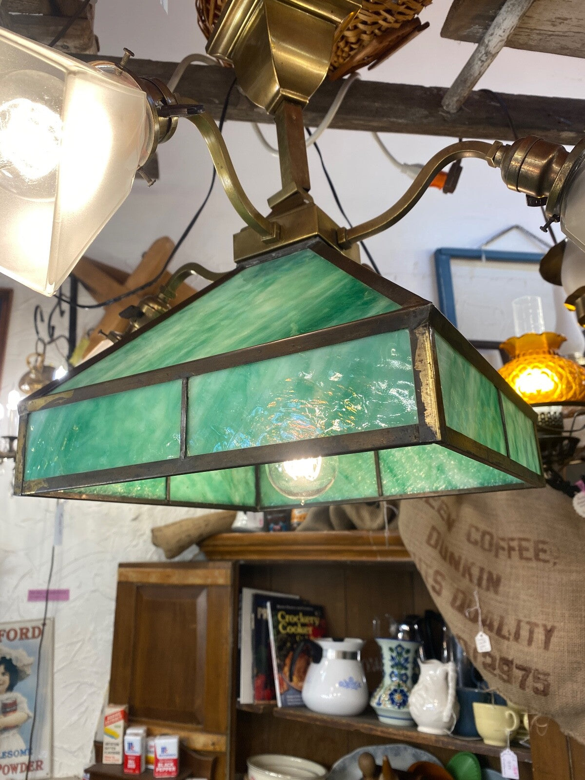 Green Stained Glass 5 Light Craftsman Chandelier 1910-1915