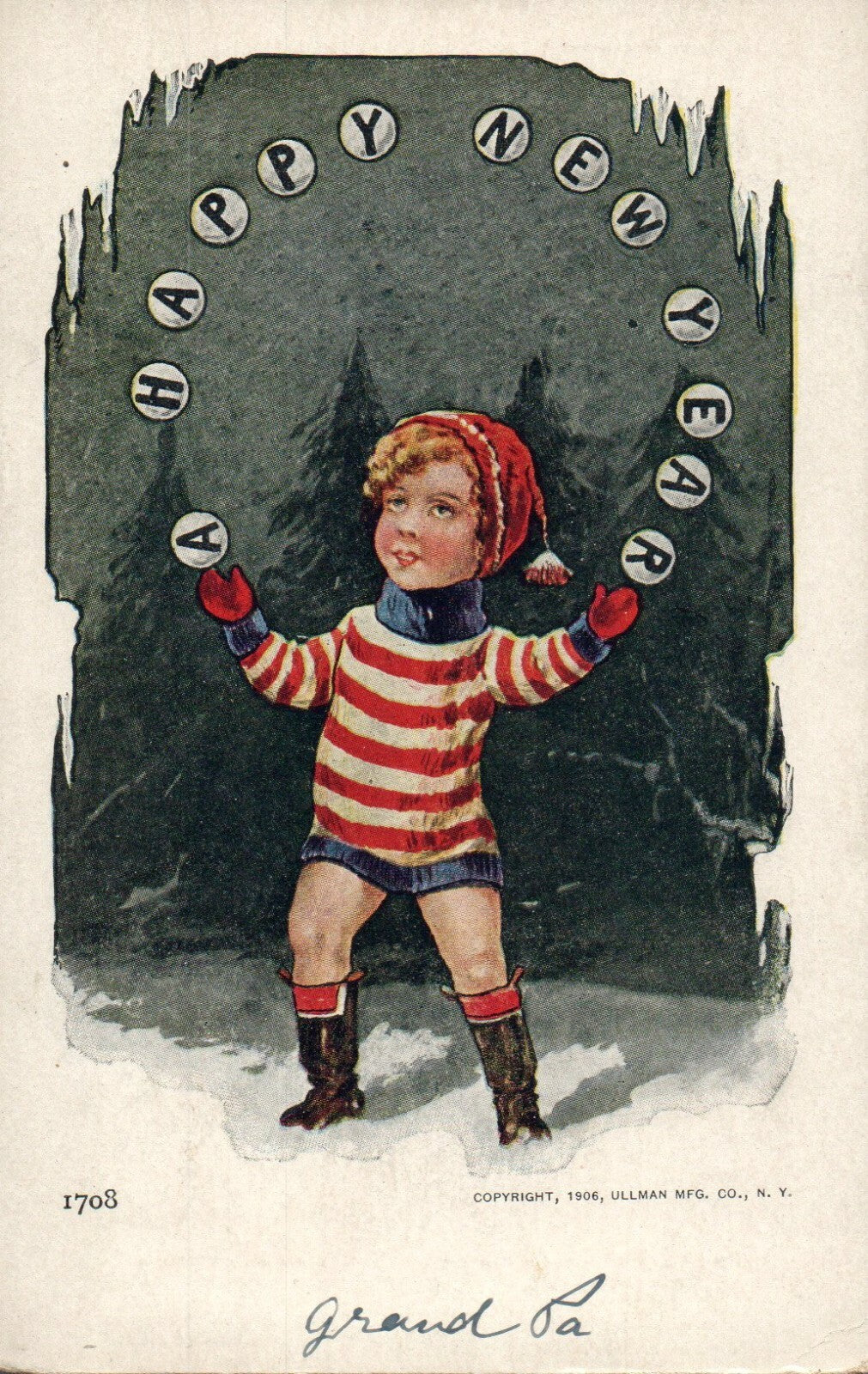 Early 1906 Ullman Child Juggling Snowballs Happy New Year Vintage Postcard 1708