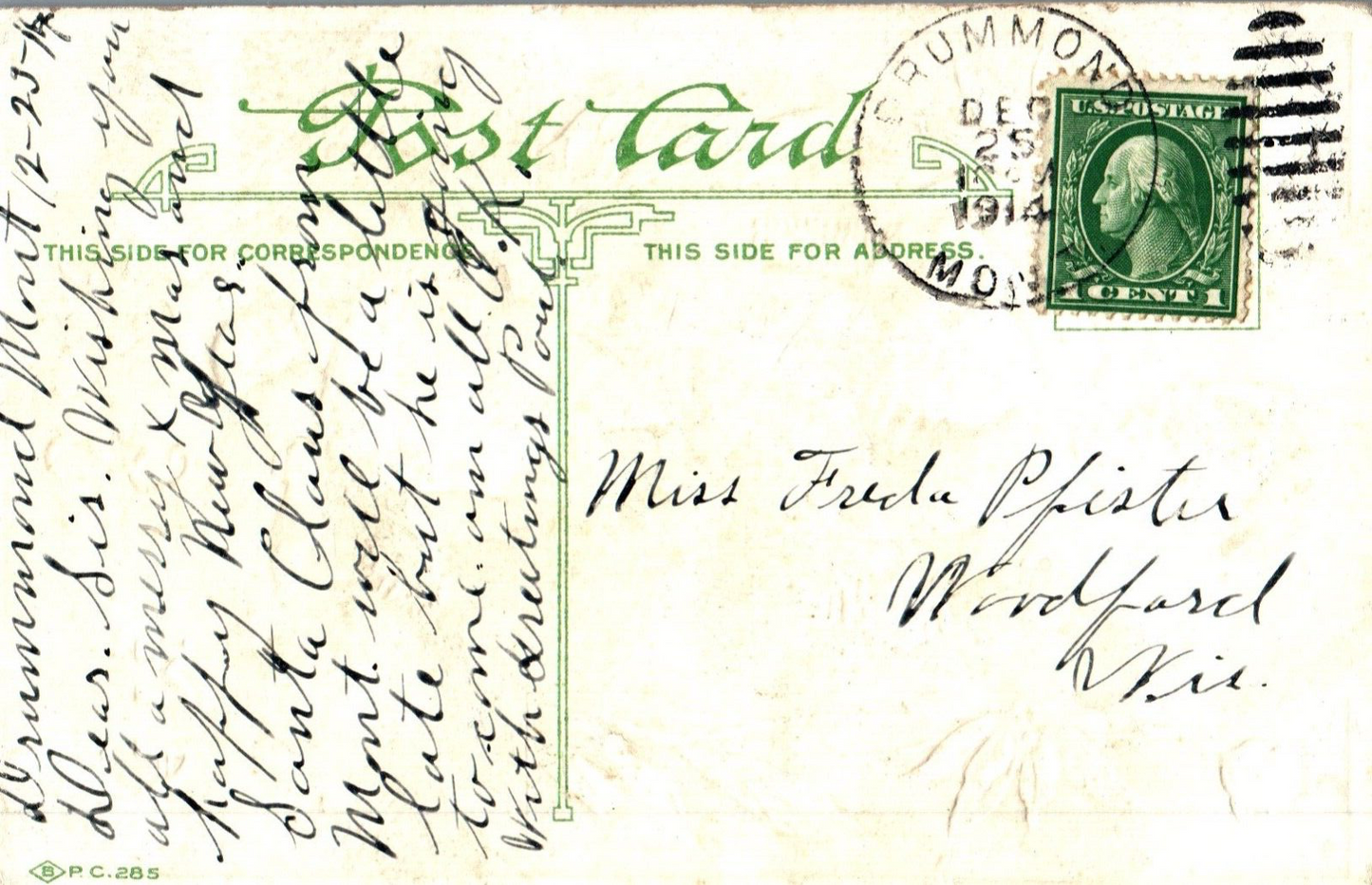 A Merry Christmas from Santa Claus Green Robe w/ Presents Vintage Santa Postcard