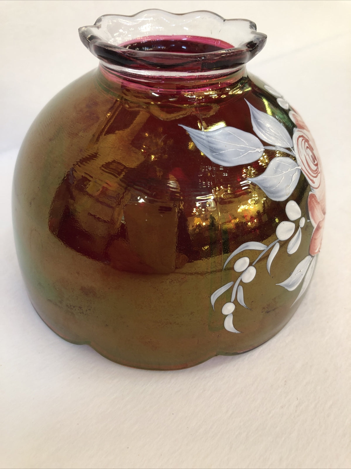 WESTMORELAND Red Glass Hand Painted Rose Lamp  Shade Artist Signed Vintage 1977