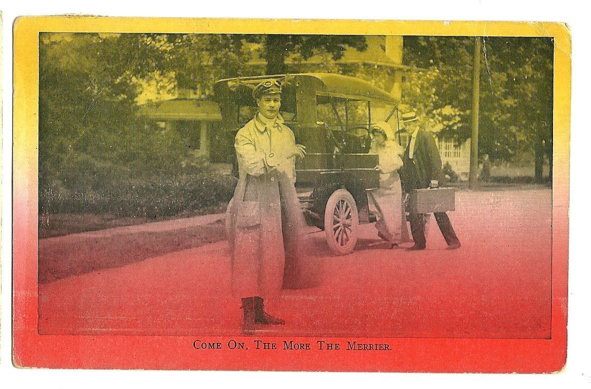 Colorful Red Yellow Postcard Car Automobile Vehicle Transportation