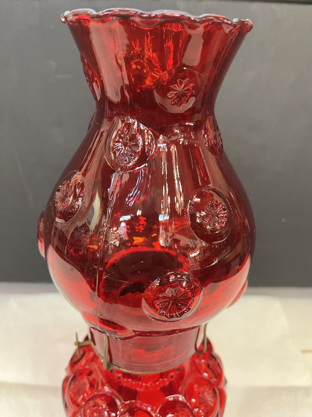 LE Smith Moon and Star Ruby Red Glass Oil Lamp