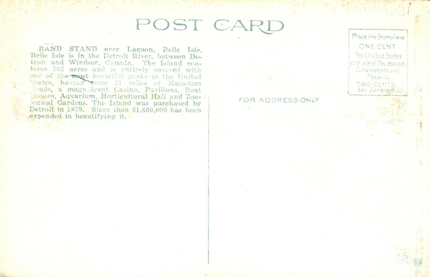 Band Stand Over Lagoon Belle Isle Park Detroit MI Michigan Postcard