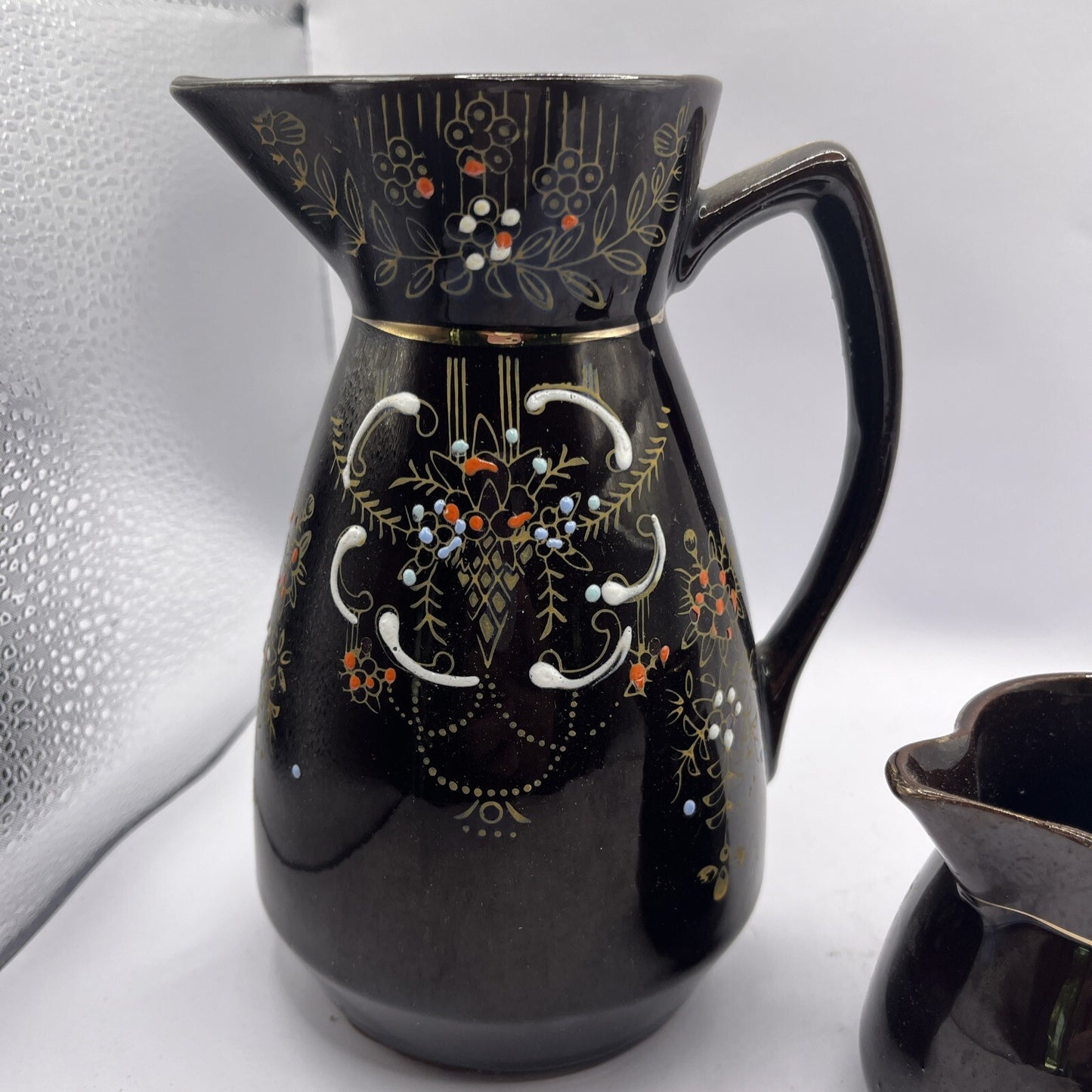 Vintage Brown Betty Pitcher & Creamer hand painted gold gilded Redware Moorage