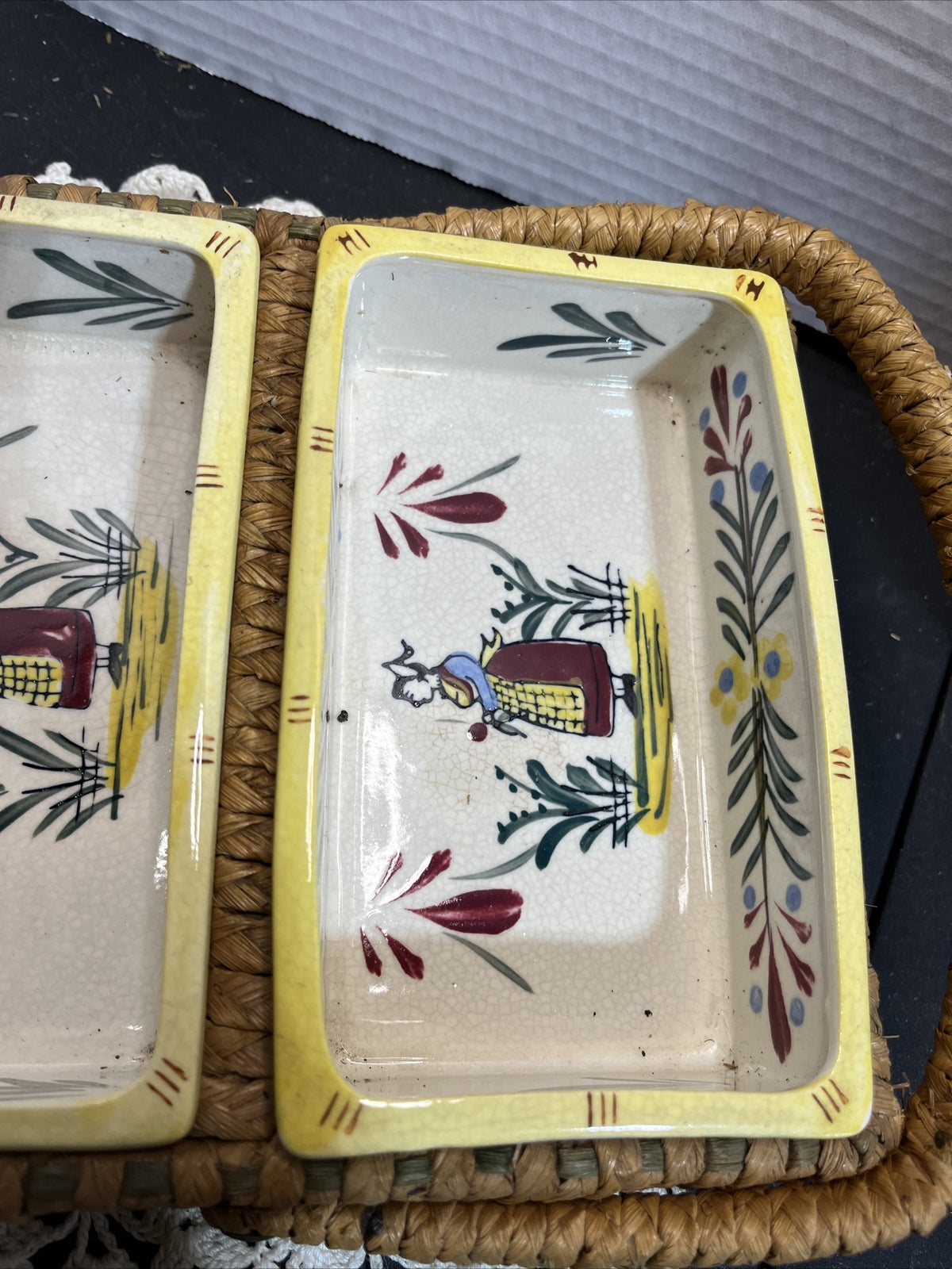 Vintage serving dish in basket three compartments wicker handpainted