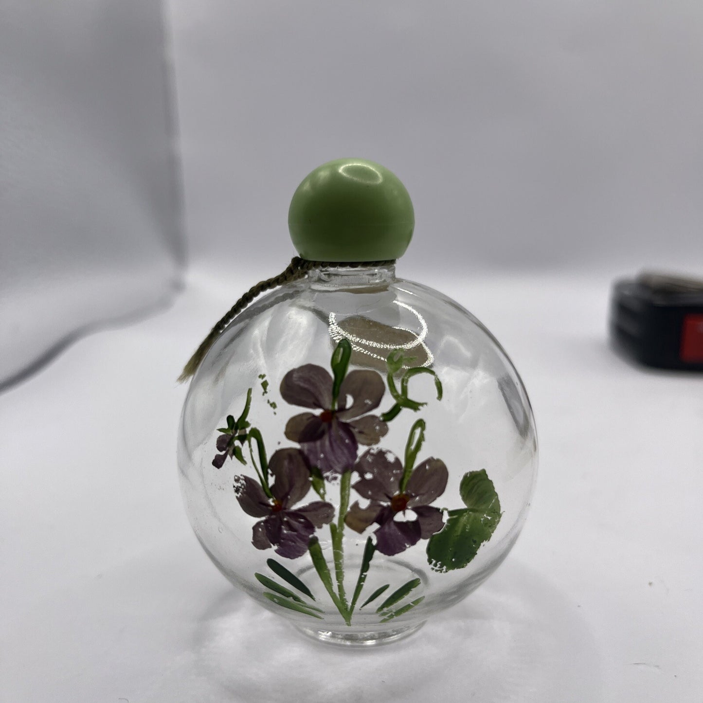 Empty Vtg Hand Painted Devon Violets Abietsan Perfume Bottle Green Lid England