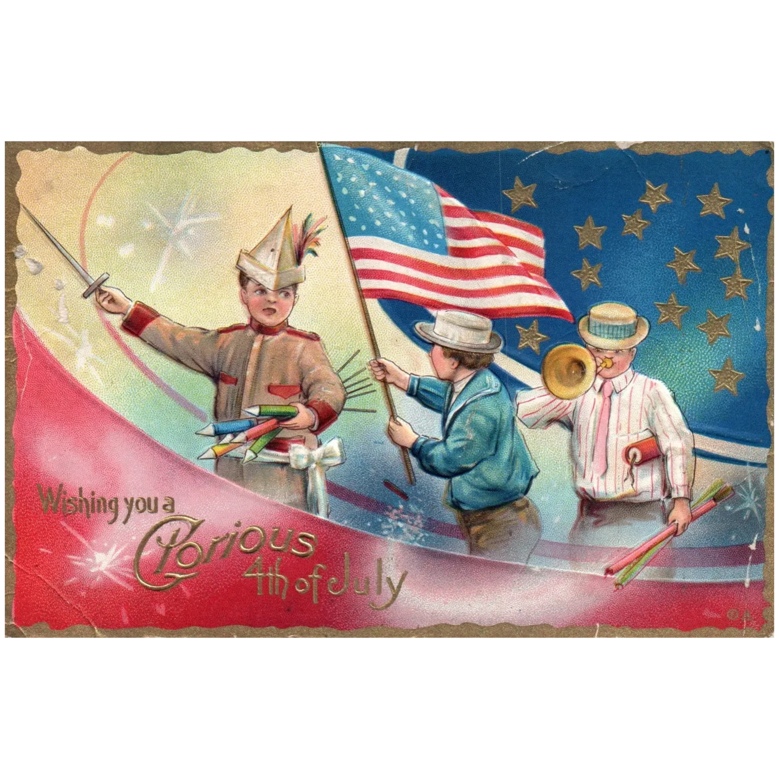 Wishing You A Glorious 4th of July Children w Flags & Fireworks Vintage Postcard