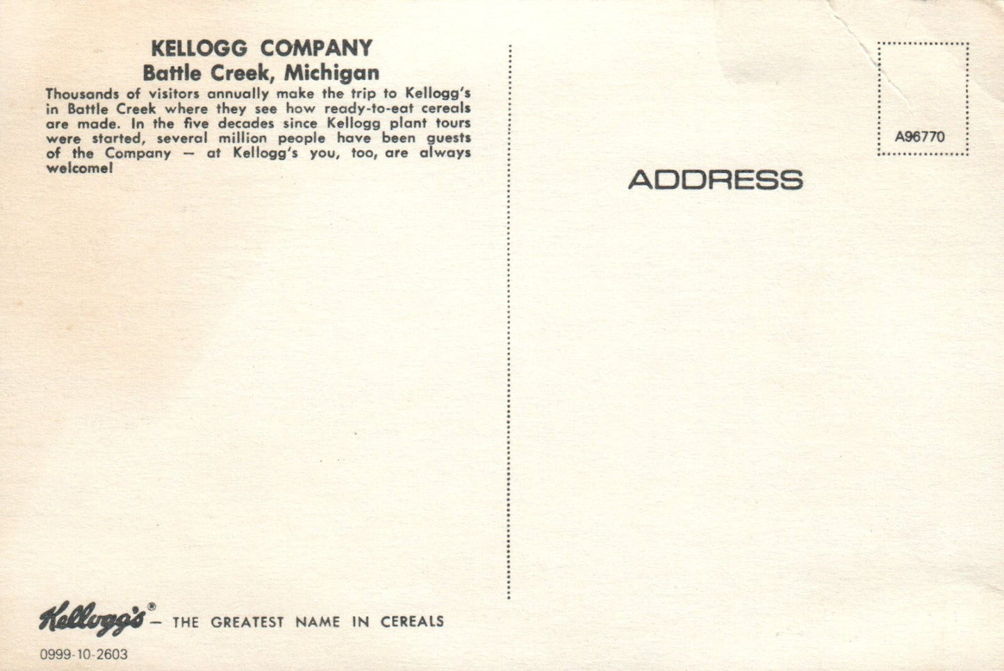 Kellogg Company Battle Creek MI Michigan Mich Postcard