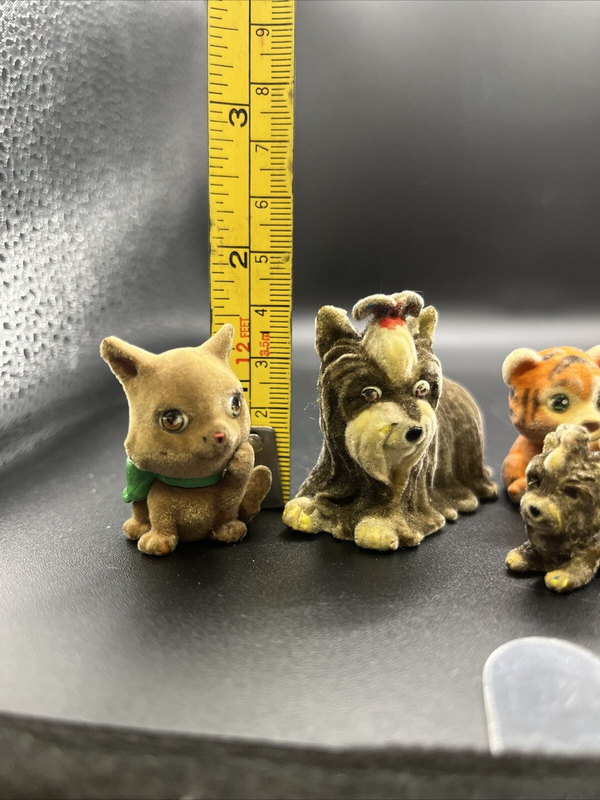 9 Vintage Flocked Dogs, Cats Tigers Originals Felt Fuzzy Animals