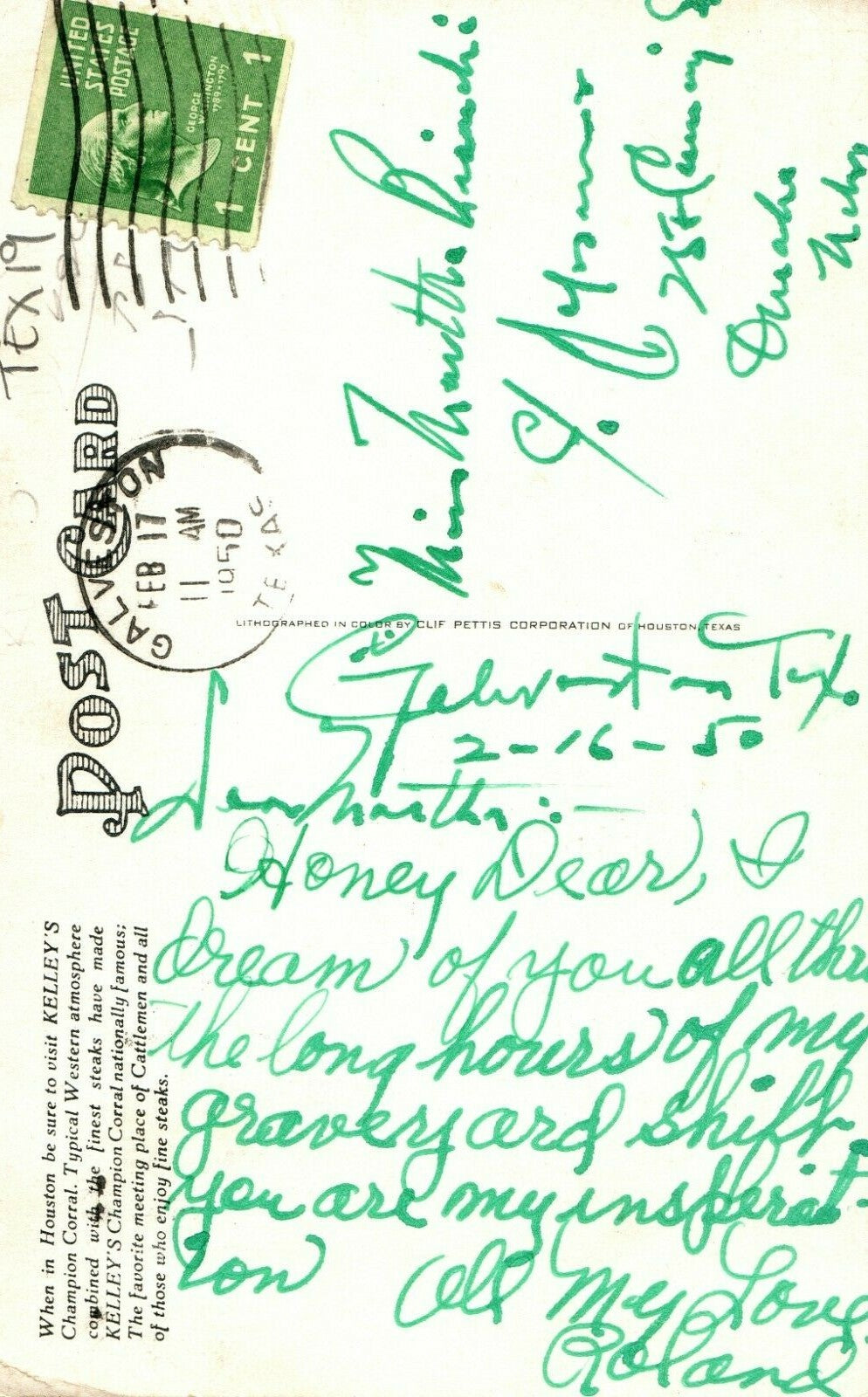 Kelly's Champion Corral Restaurant Houston Tex Texas TX Postcard