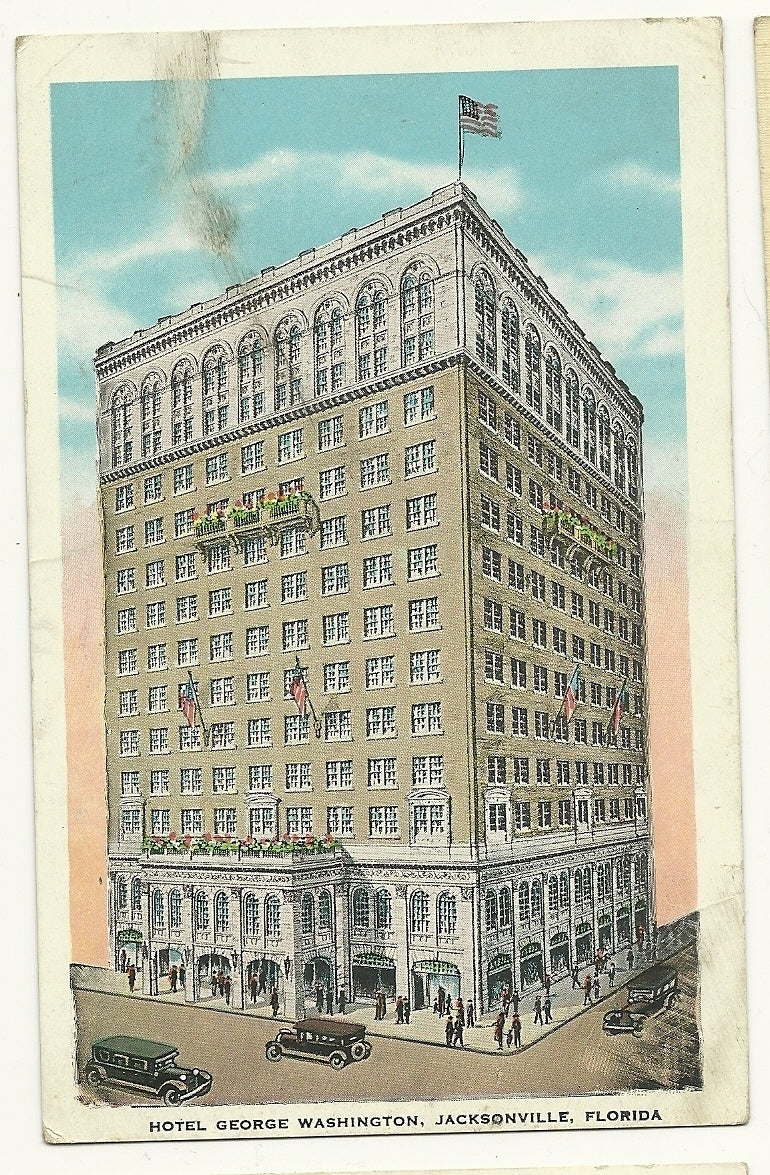 Hotel George Washington Jacksonville FL Flag Old Cars Post Card