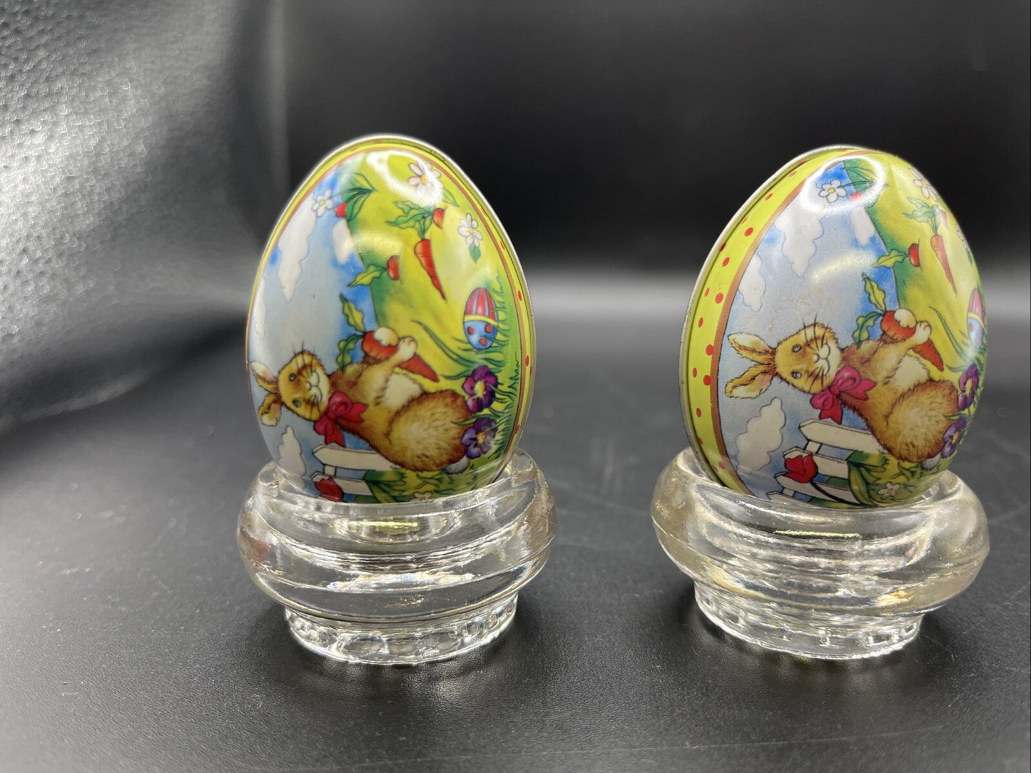 Vintage 2 Tin Egg With rabbit Picture