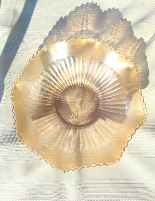10" Antique Fenton Smooth Rays Light Marigold Carnival Glass Ruffled Bowl