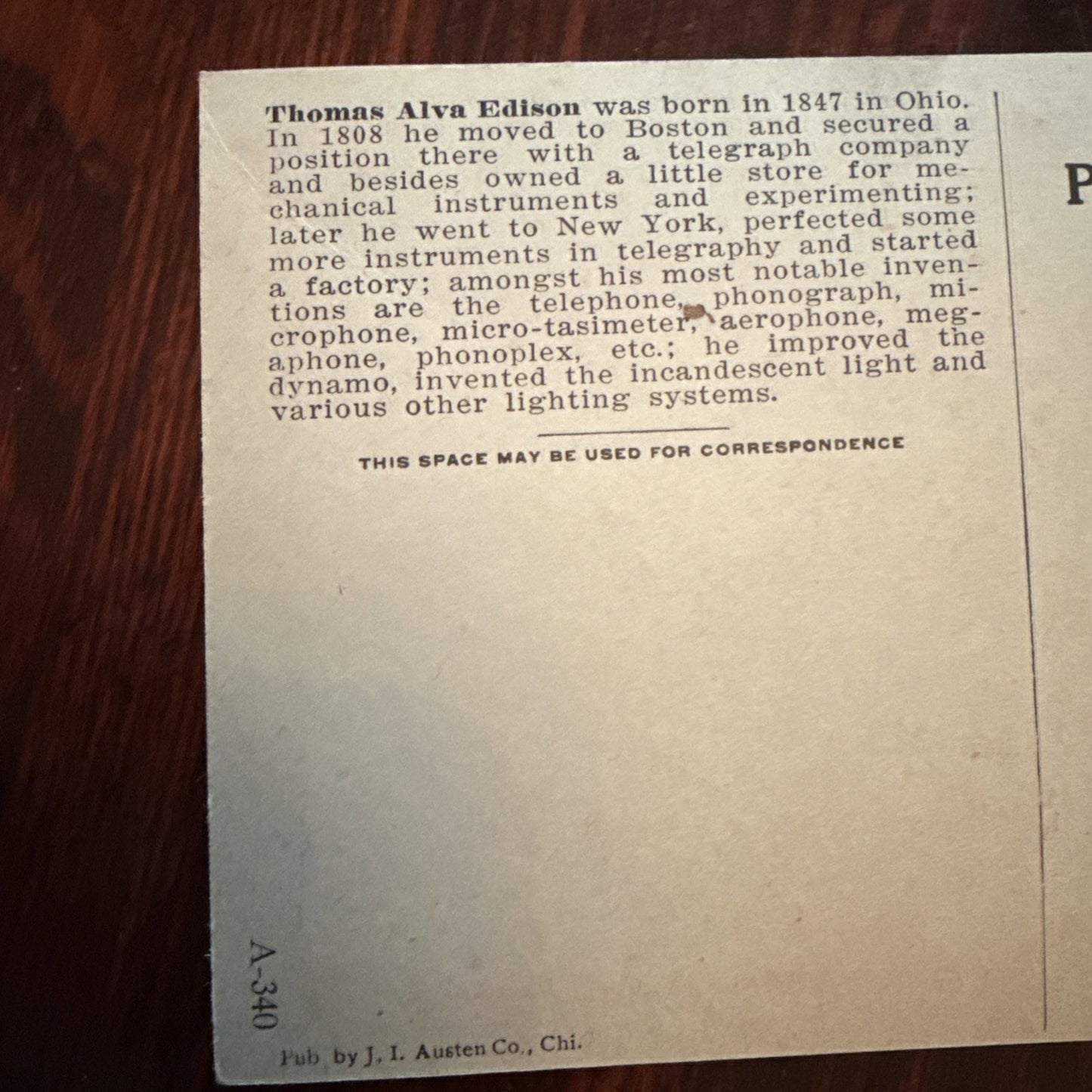 Thomas Alva Edison by J I Austen Postcard Anvil Ship Plane Train c1910's *Scarce