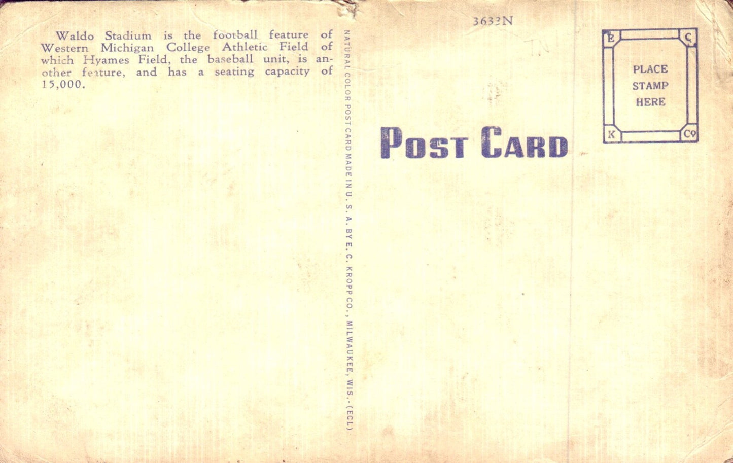 Waldo Stadium at Western Michigan College in Kalamazoo MI Michigan Postcard