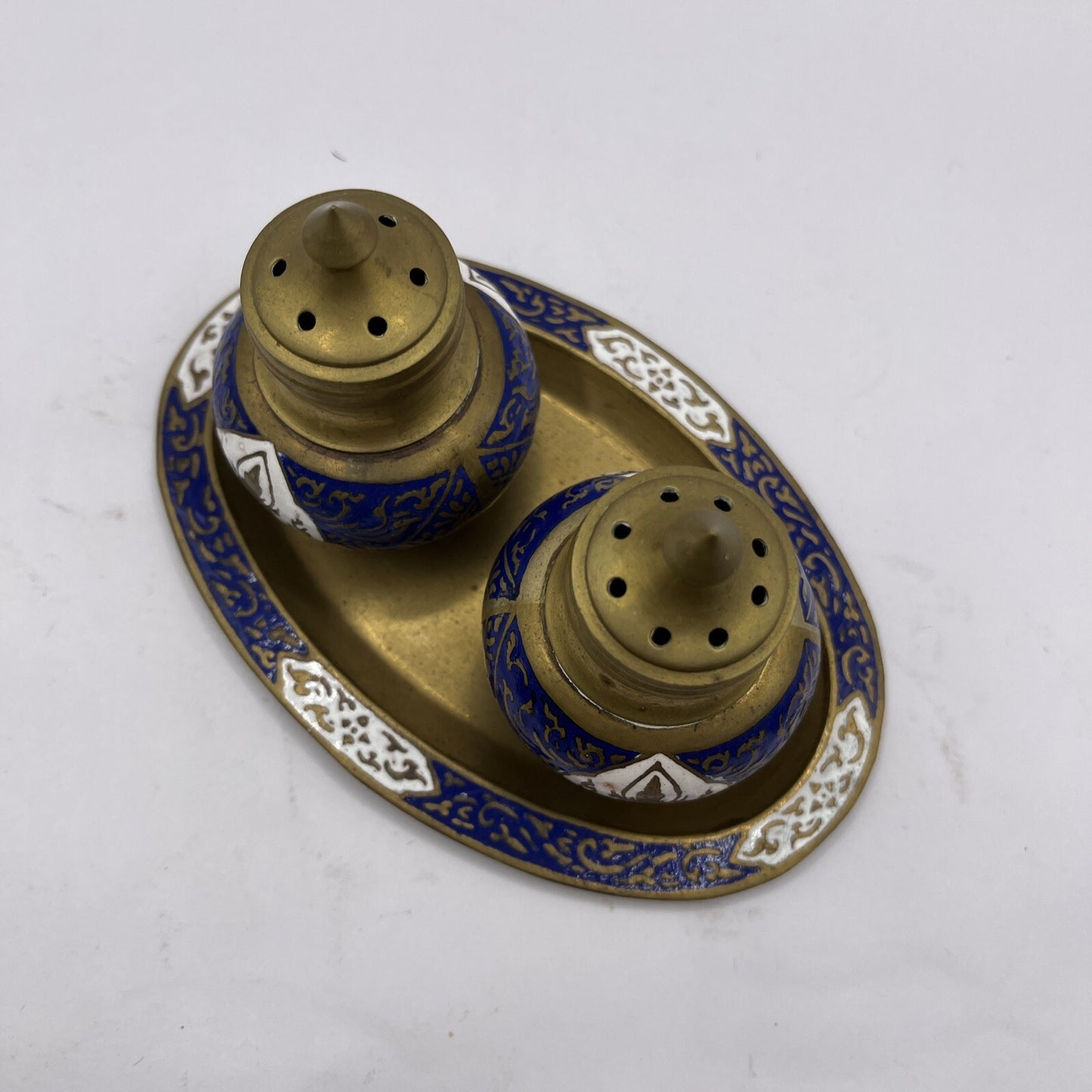 Vintage Brass Blue Enamel Salt Pepper Shakers Holder Tray set used
