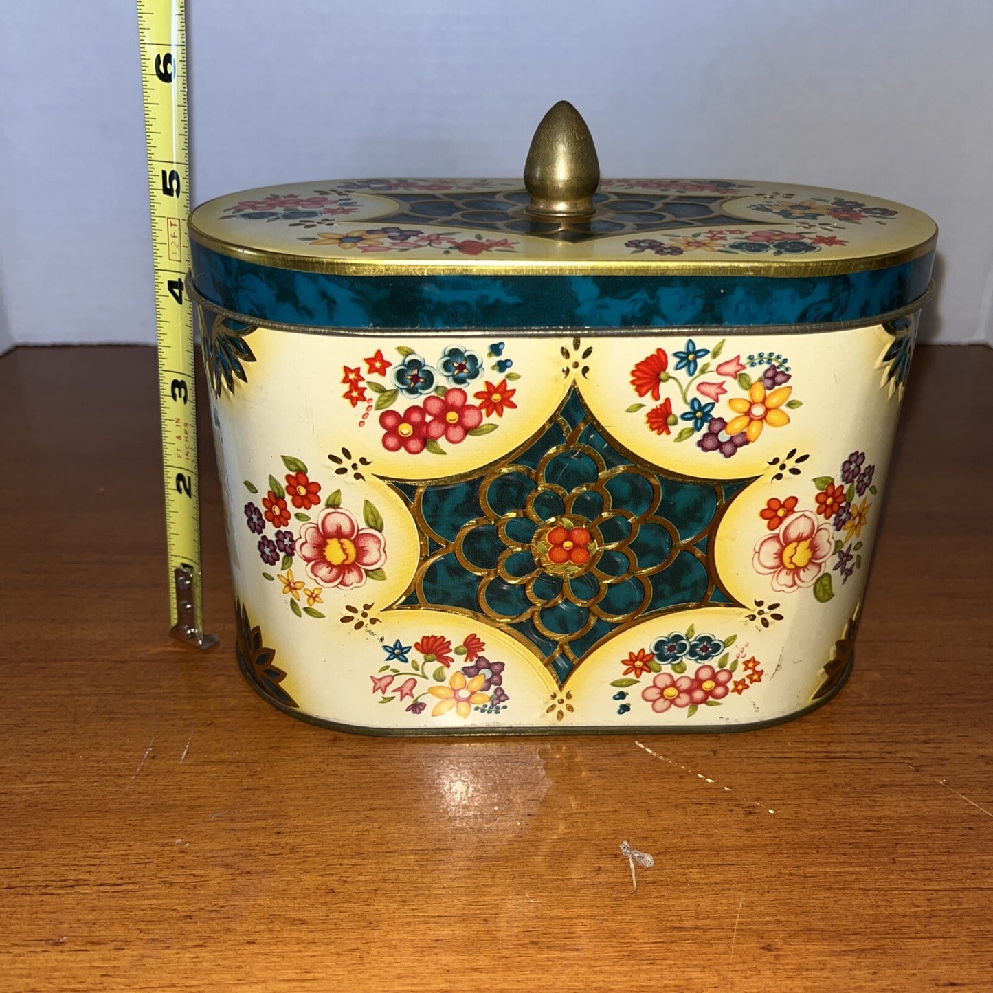 Vintage Oval Blue Green Yellow Metal Candy Tin Wild Flowers 5" High