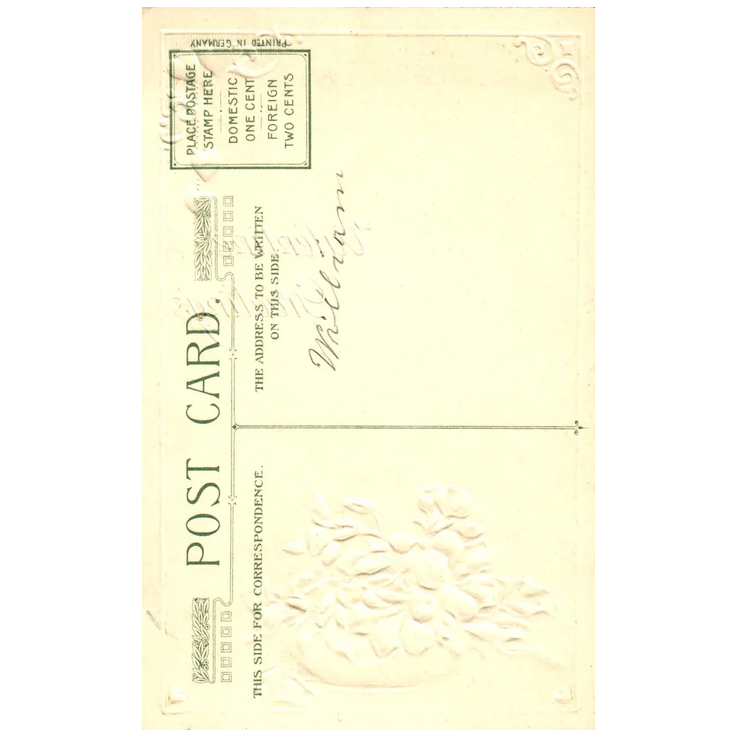 Winsch Valentine Greeting Woman Dressed in Blue Gold Embossed Valentine Postcard