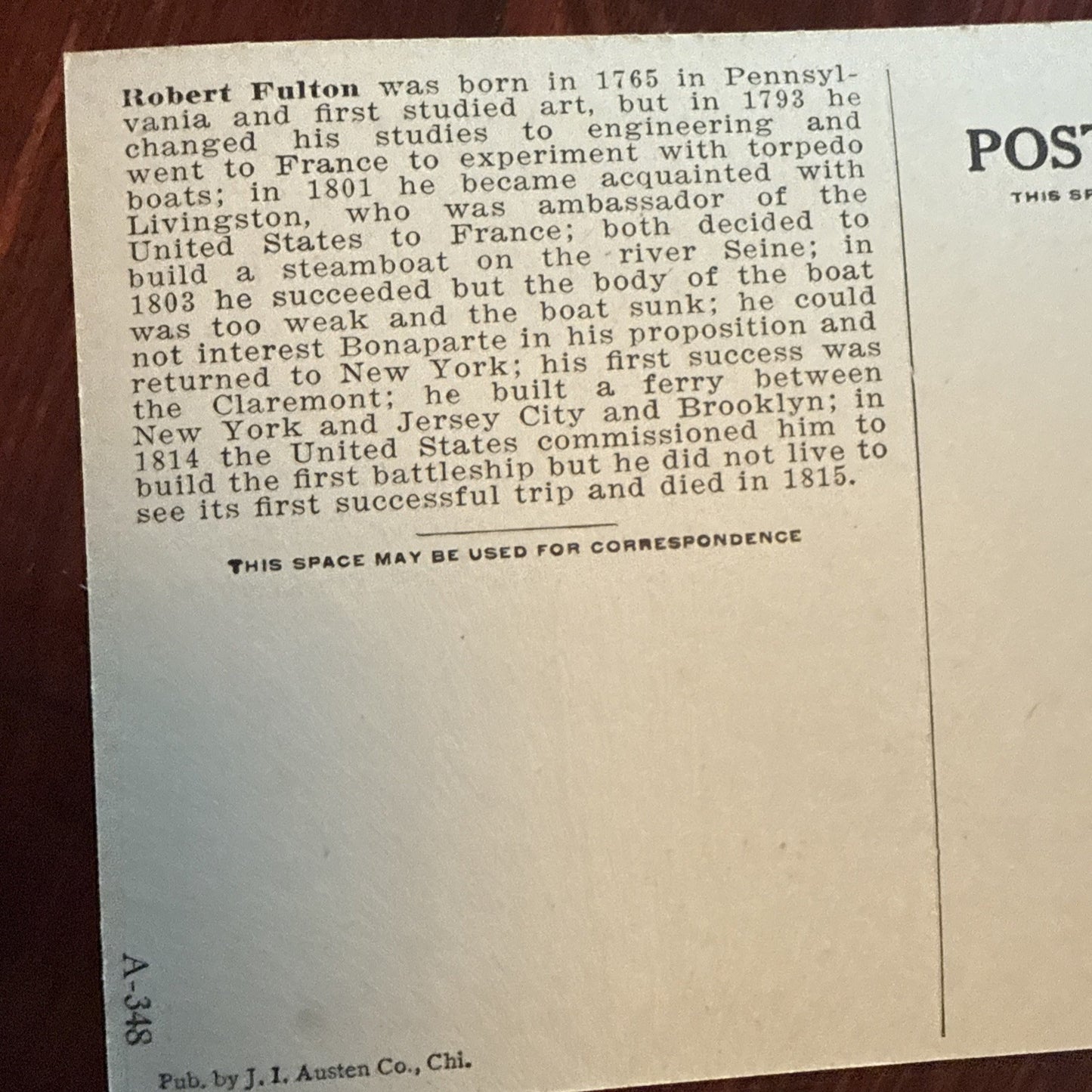 Robert Fulton by J I Austen Postcard Anvil Ship Plane Train c1910's *Scarce