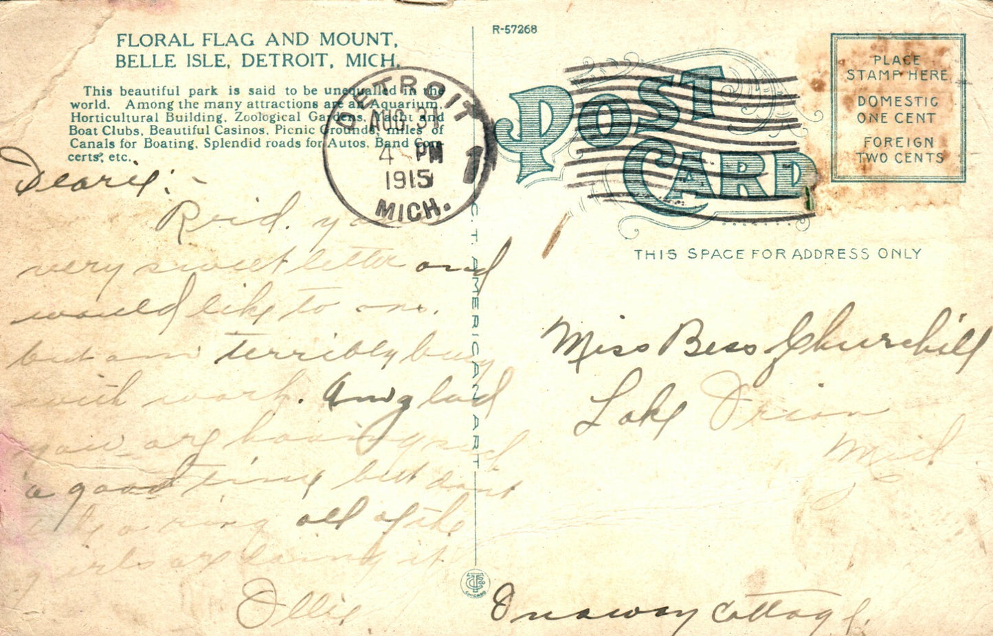 Floral Flag Mount Belle Isle Detroit MI Michigan Postcard