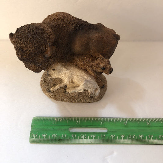 Bison Buffalo with Two Calves White and Brown Figurine Statue 4" x 4" Western