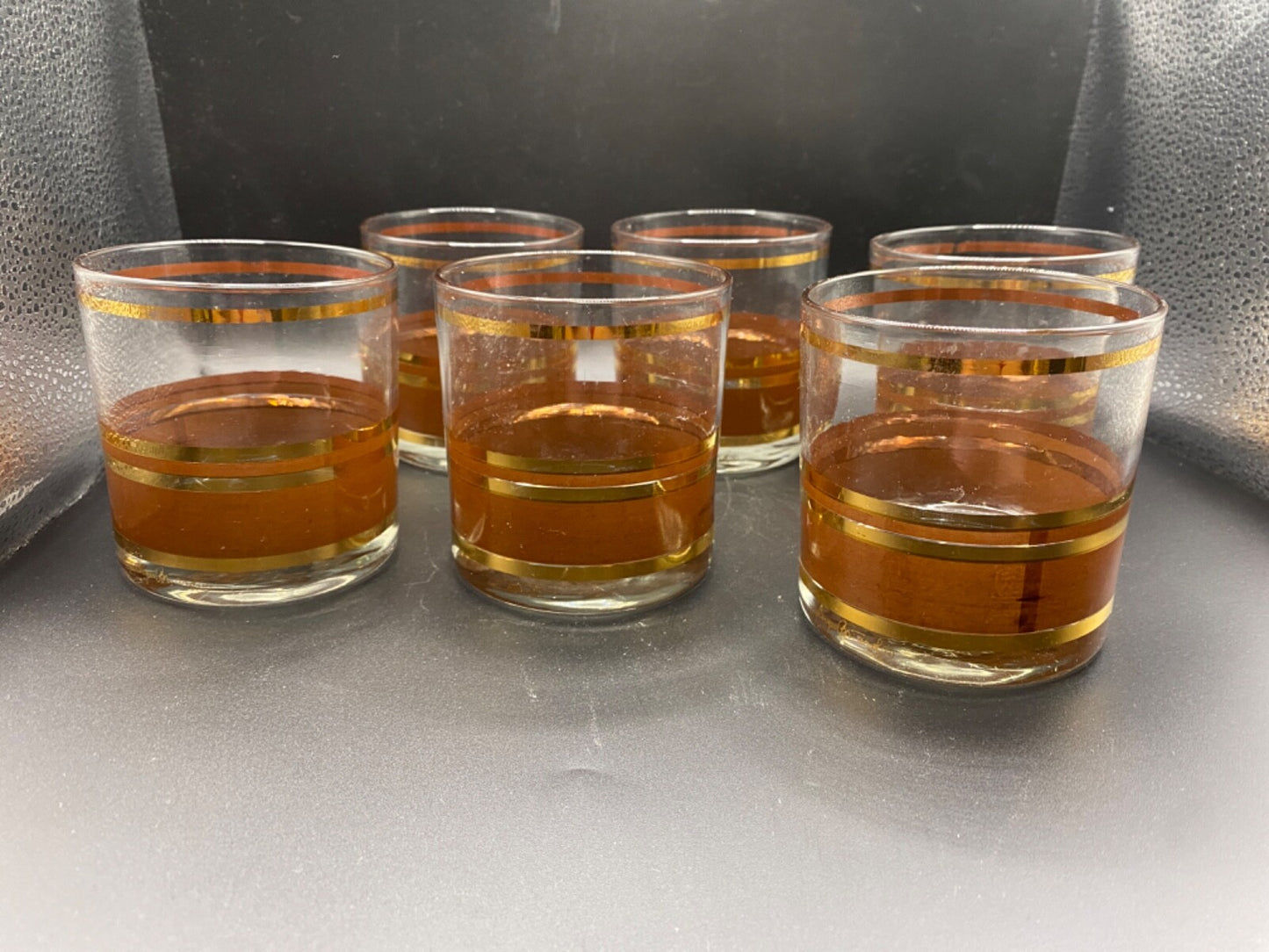 Drulane Towle Barware set 6 Whiskey glasses Ice Bucket Brown Tortoise shell Gold