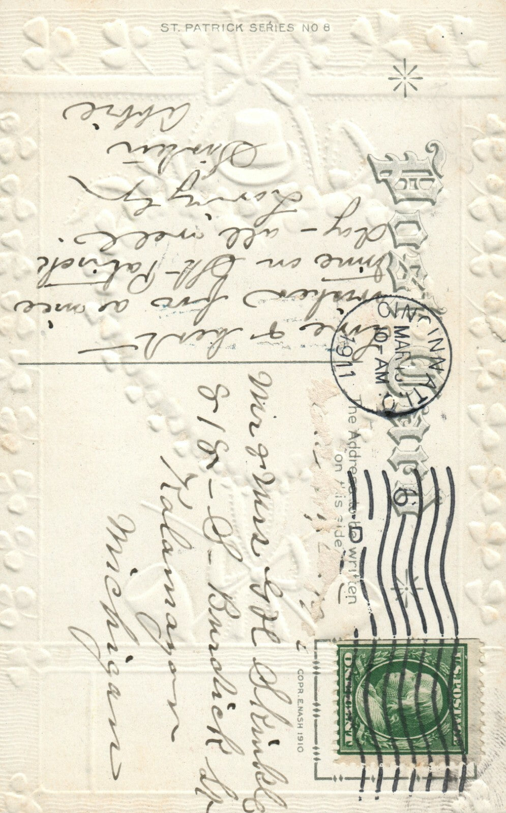 Nash St Patrick's Day Series No. 8 Clover Border Irish Memories Poem Postcard