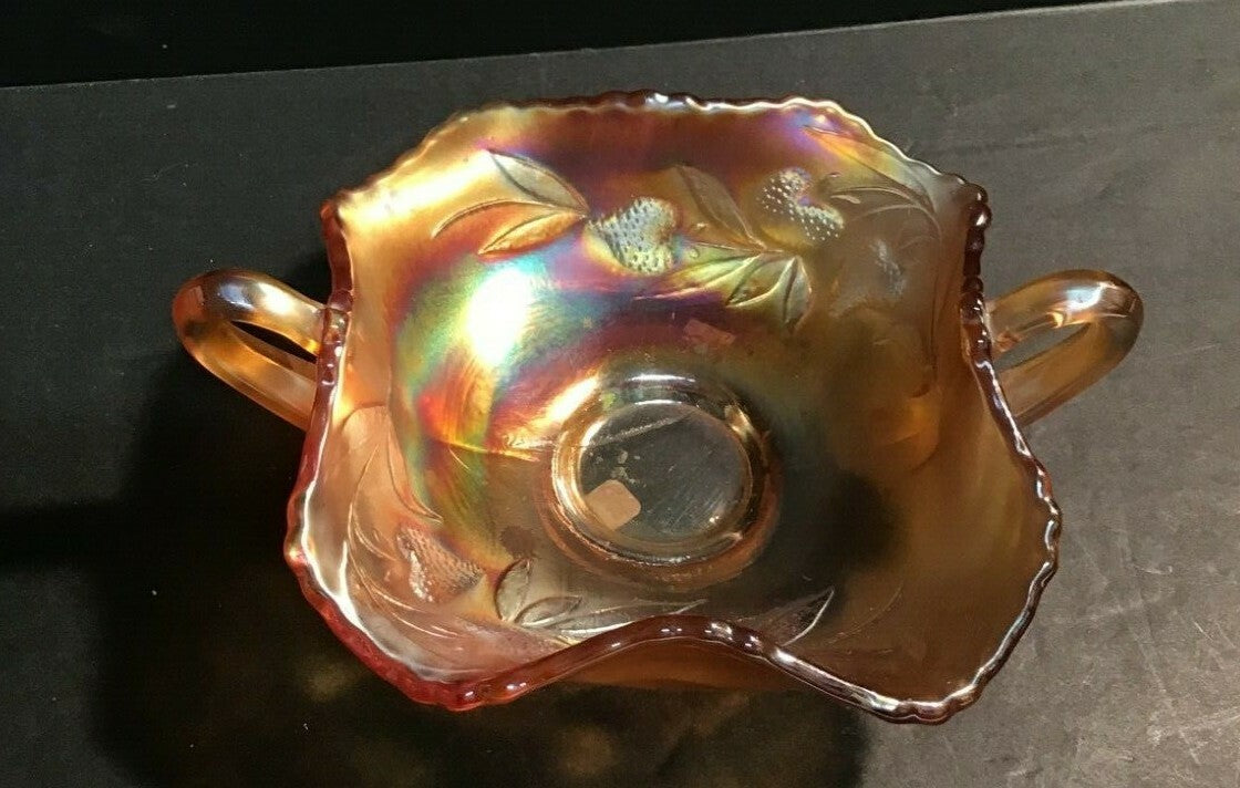 6 1/2" Marigold Two Handled Strawberry Pattern Bowl Iridescent Carnival Glass