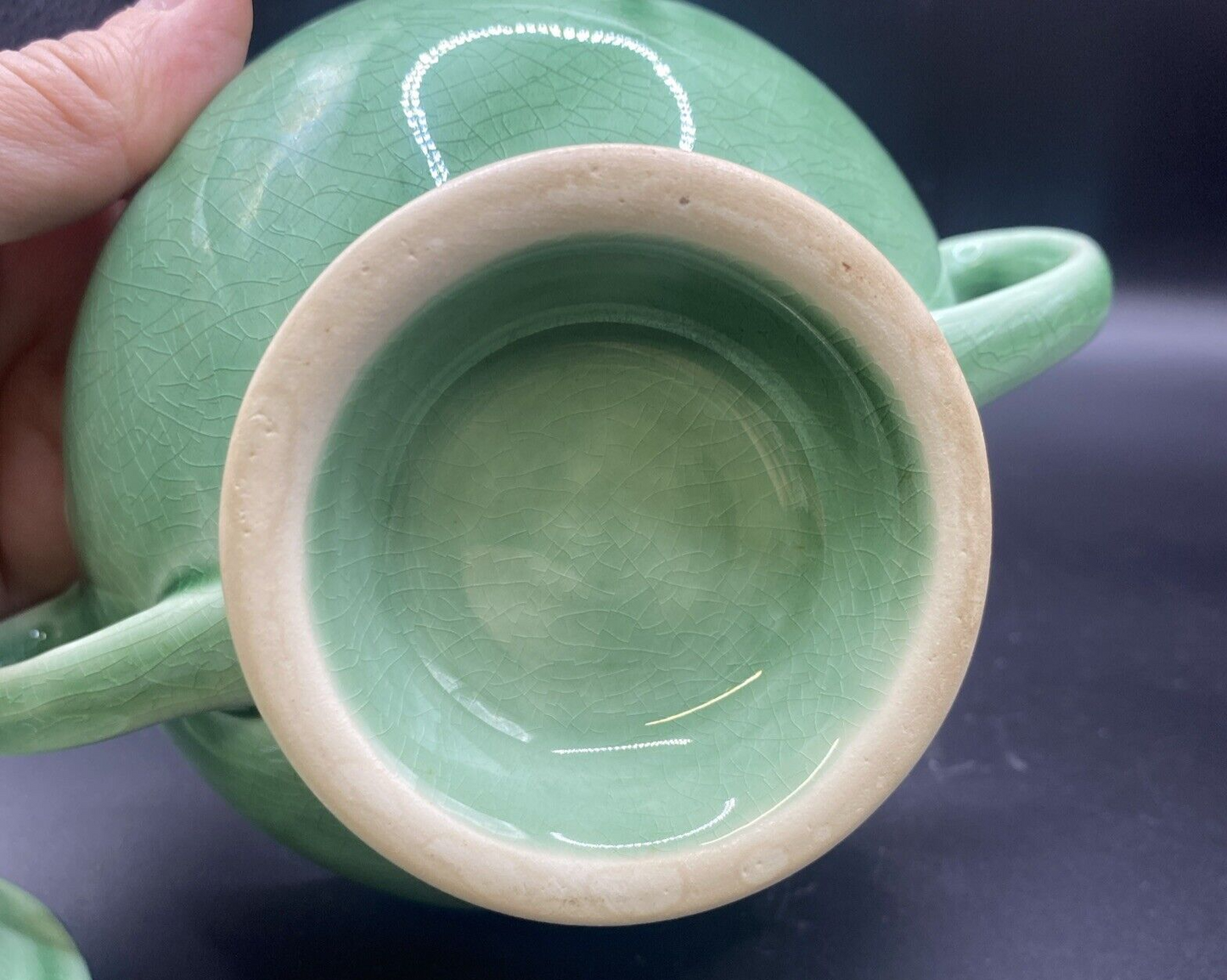 2 Handled Sugar Bowl with Lid Vintage 1930's Mount Clemens Petalware LIGHT Green