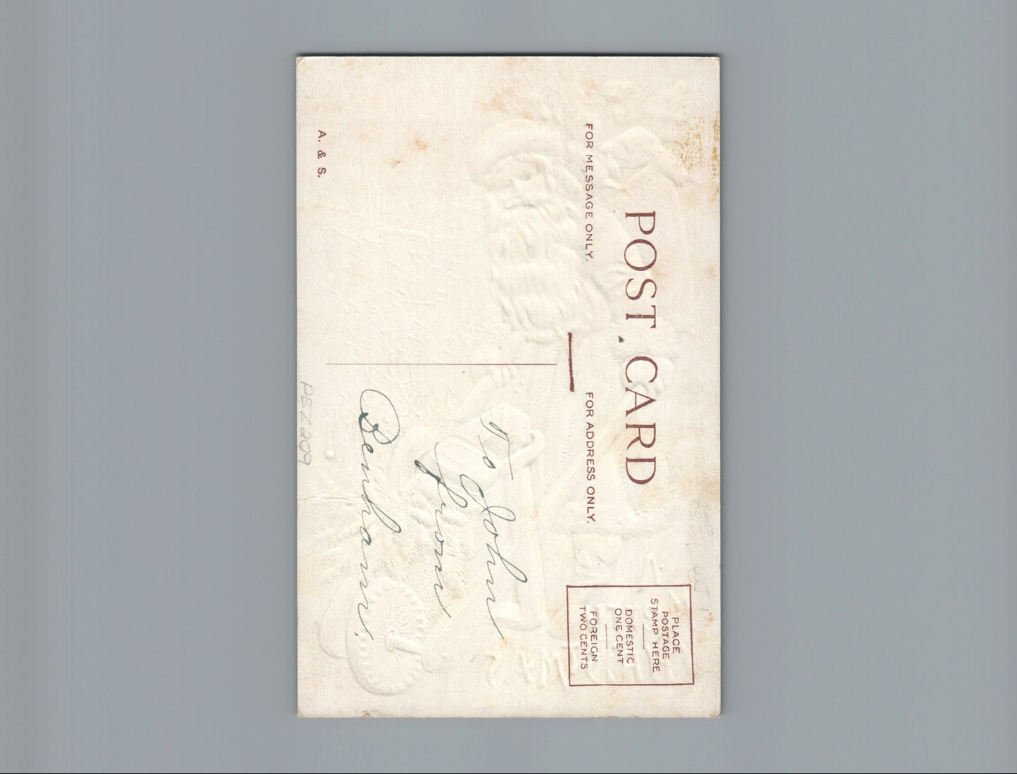 Blue Robed Bright Red Cheeked Santa Claus Gold Wheel Barrel Toys Embossed