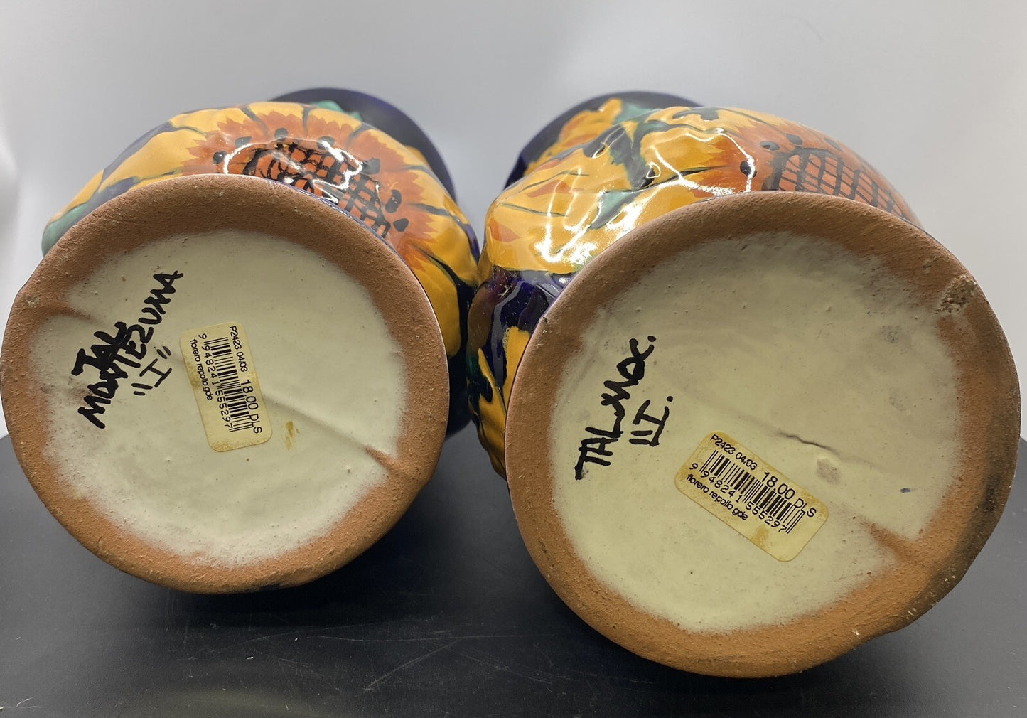 vintage Terracotta Pottery Pair of Vases Mexican Talavera 1980's Sunflower