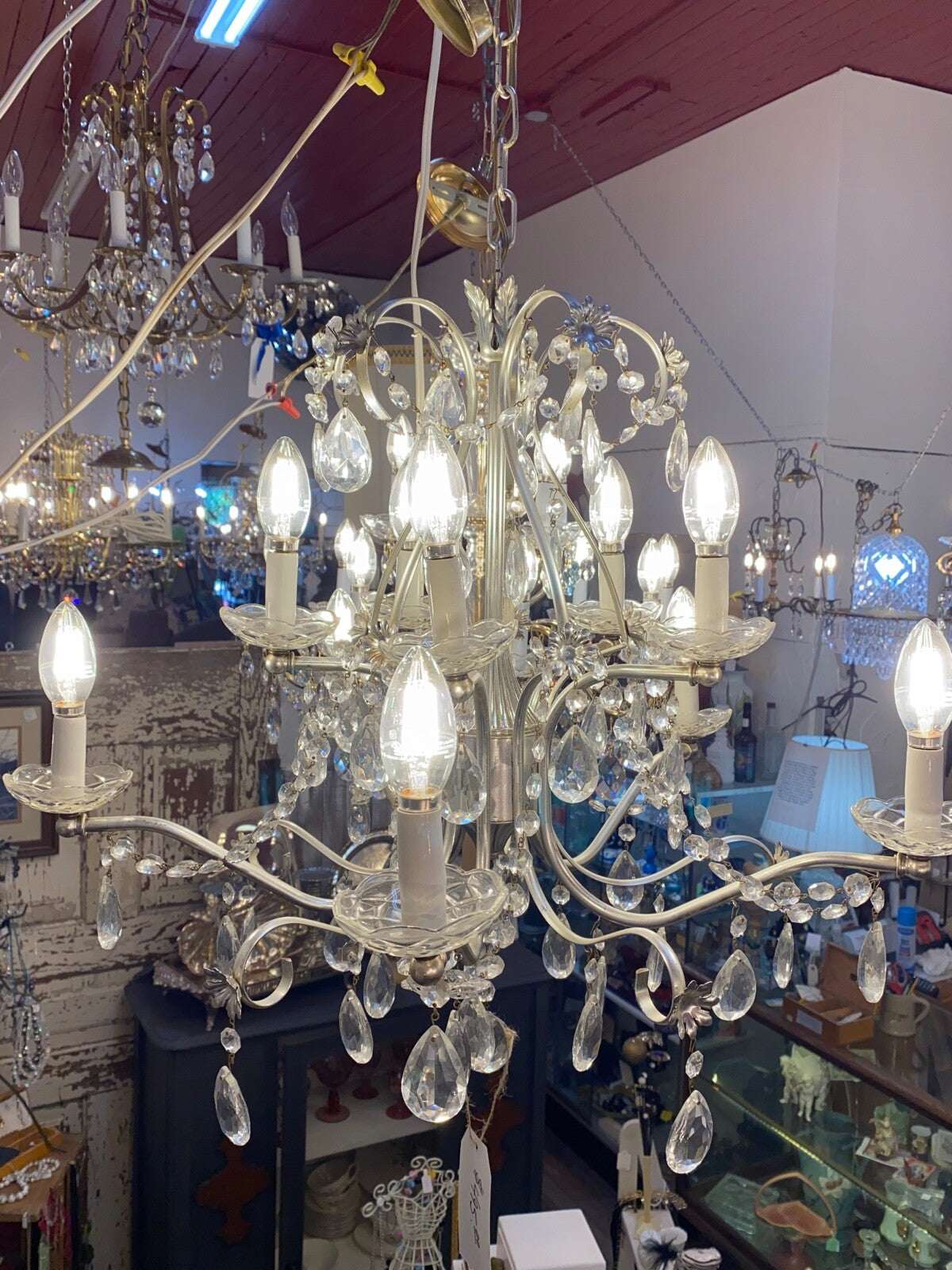 1950s mid century 10 arm silver and crystal chandelier