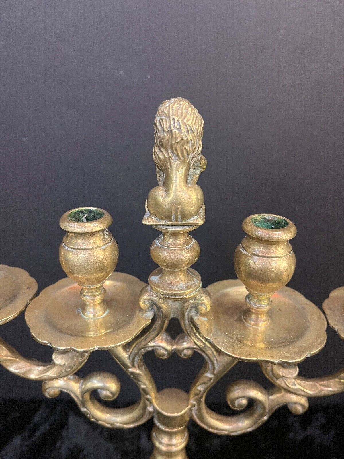 Vintage Brass Candelabra with Lion Holding Shield