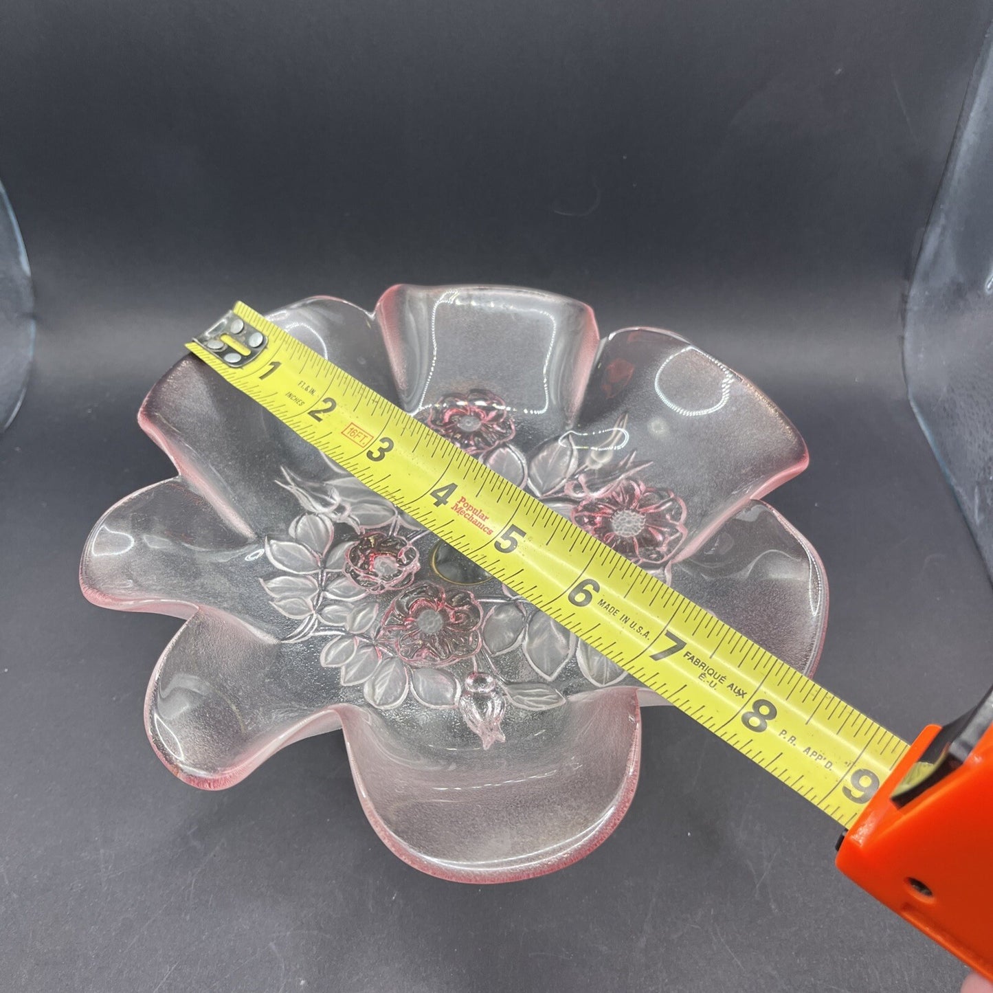 Glass Footed Candy Dish - 2 Tone Pink and Clear, Flowers Leaves Hummingbirds 8”