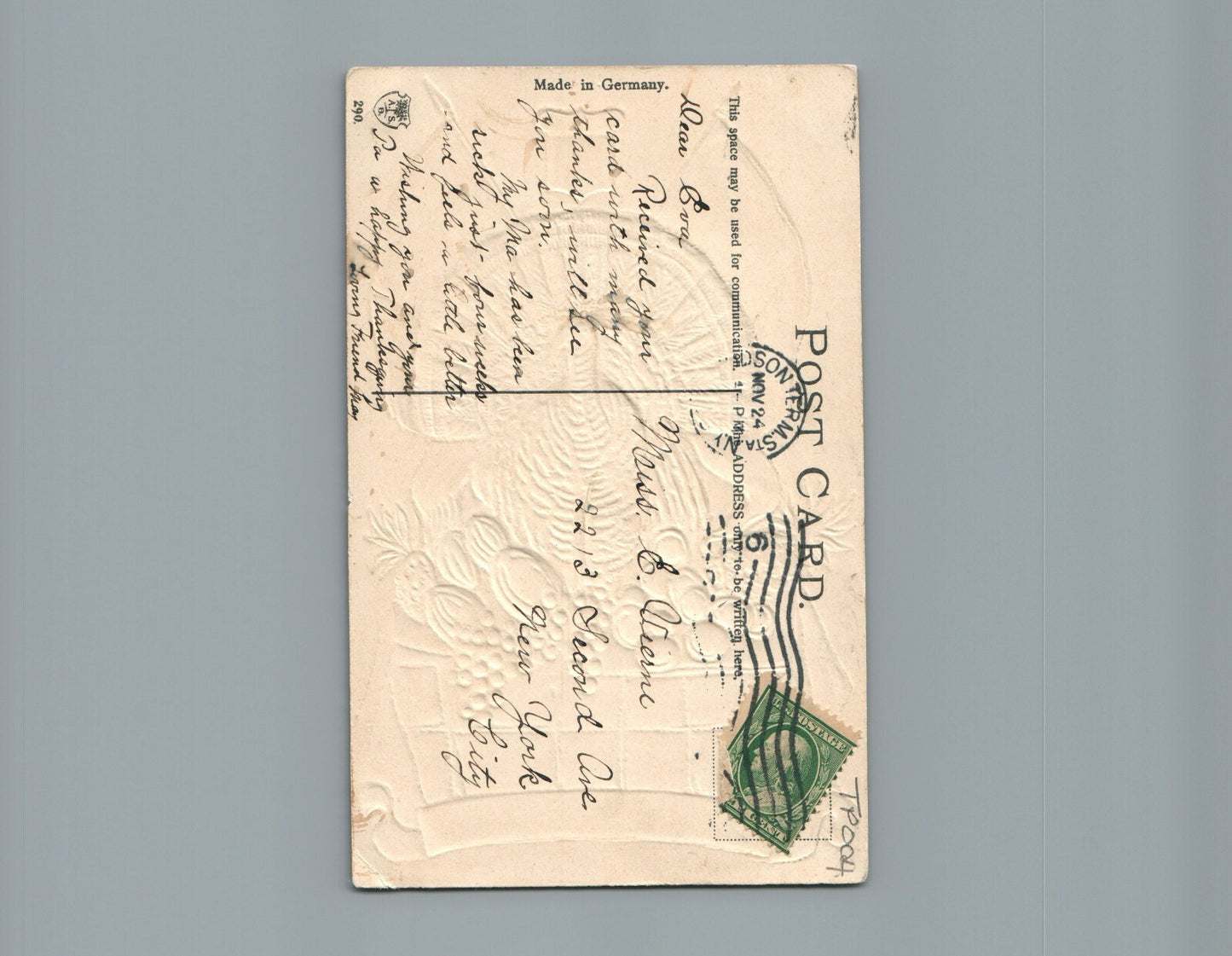 Patriotic Gold Gilt Turkey on Table with Fruit Two Flags Thanksgiving Postcard