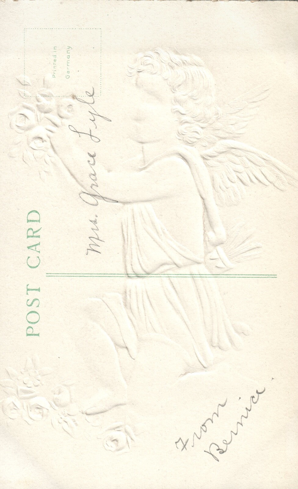 Vintage Cupid Angel in Blue Presents Pink Roses To My Valentine Postcard