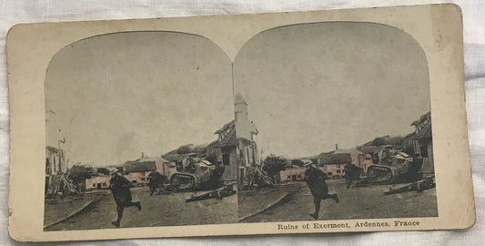 WWI Stereoview Ruins Of Exermont Arennes France Tank War Soldiers
