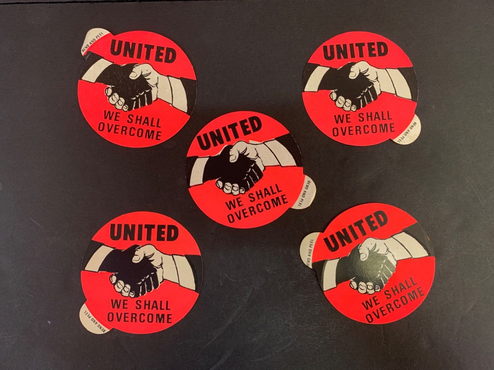 Lot of Five "United We Shall Overcome" Stickers Civil Rights MLK SNCC 60s