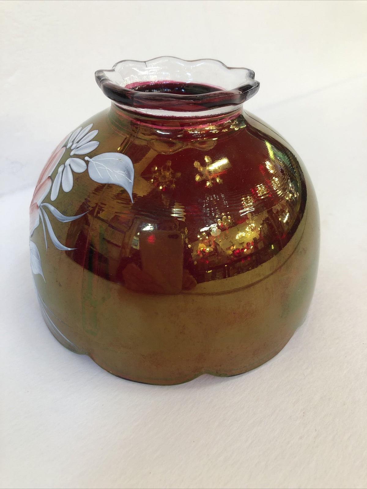 WESTMORELAND Red Glass Hand Painted Rose Lamp  Shade Artist Signed Vintage 1977