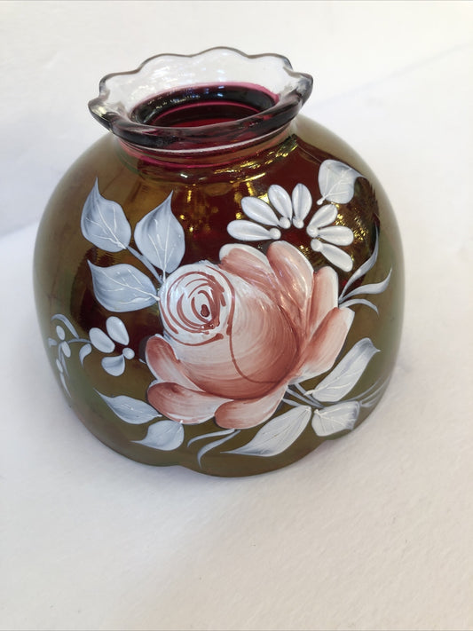 WESTMORELAND Red Glass Hand Painted Rose Lamp  Shade Artist Signed Vintage 1977