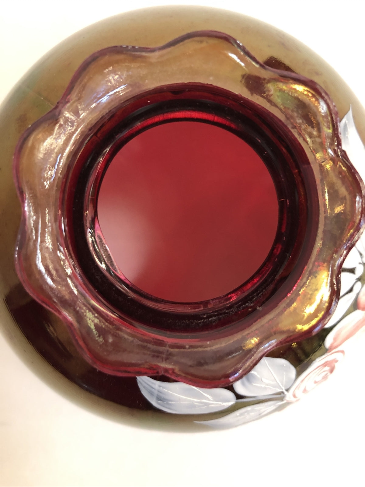 WESTMORELAND Red Glass Hand Painted Rose Lamp  Shade Artist Signed Vintage 1977