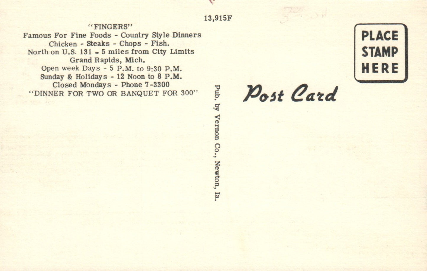 "Fingers" Famous for Fine Food, Grand Rapids MI Postcard